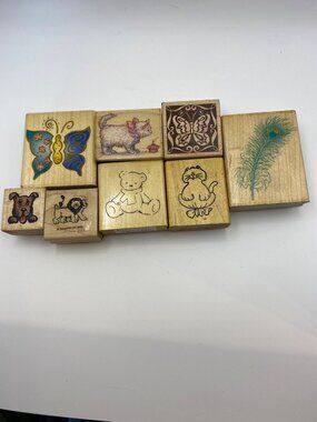 Set Of 8 Wooden Rubber Stamps With Animal & Nature Designs: Butterfly Cat Dog Li